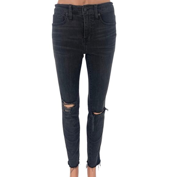 Madewell Black Skinny Mid Rise Distressed Raw Hem Stretch Ankle Denim Jeans 26 - Picture 1 of 7